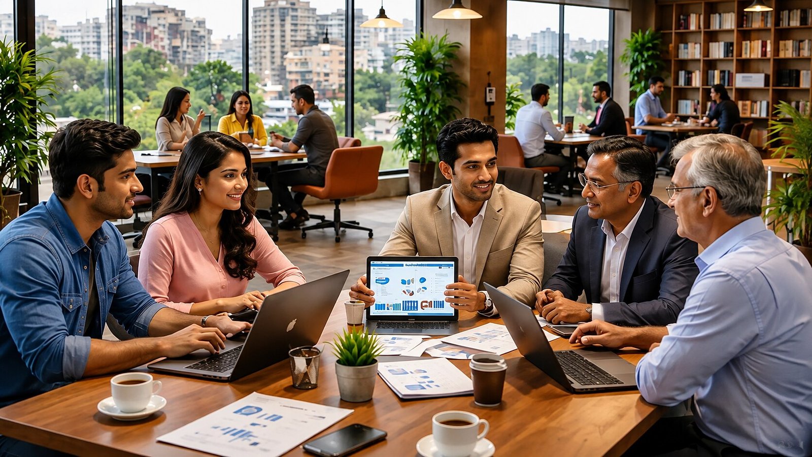 Business strategy discussion around a laptop