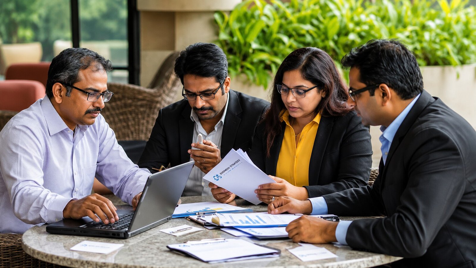 Consulting team reviewing documents at a round table