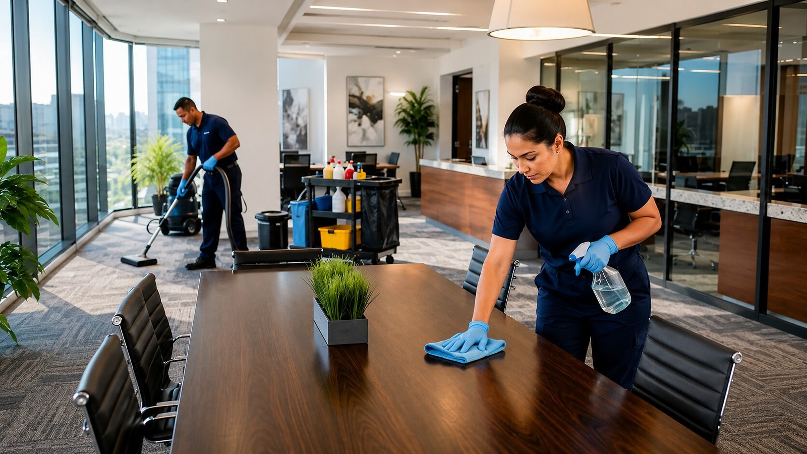 Housekeeping team maintaining an office interior