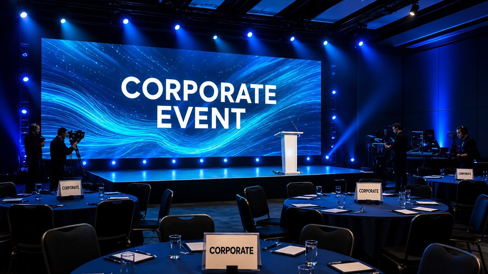 Corporate event stage with branded LED backdrop