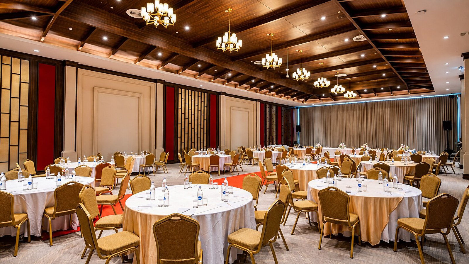 Banquet hall set up for a corporate dinner