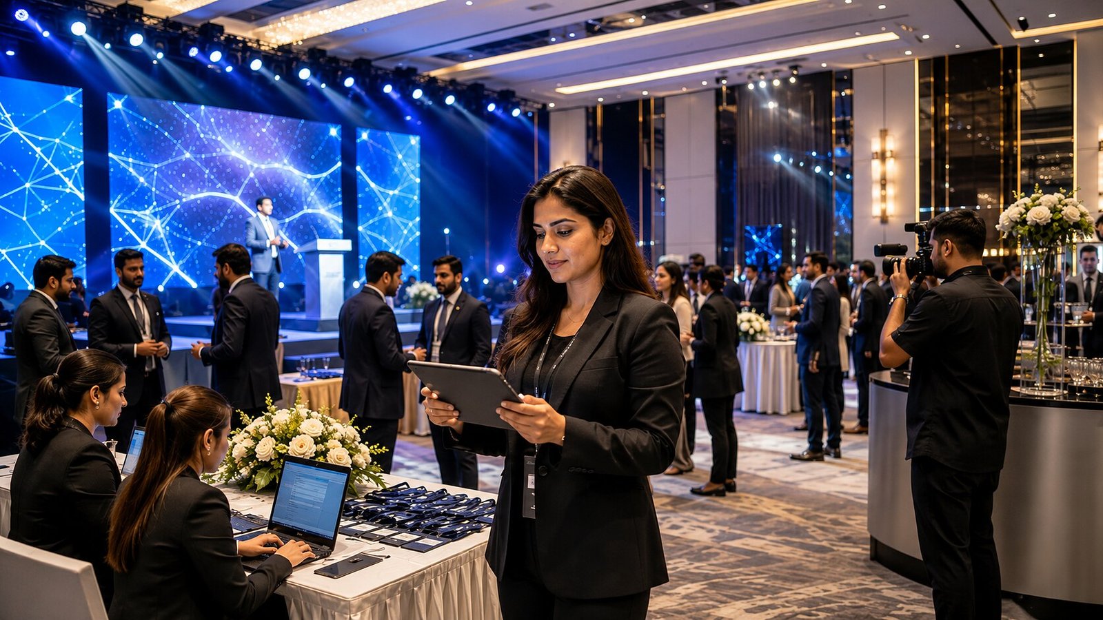Guests being welcomed at an event registration desk
