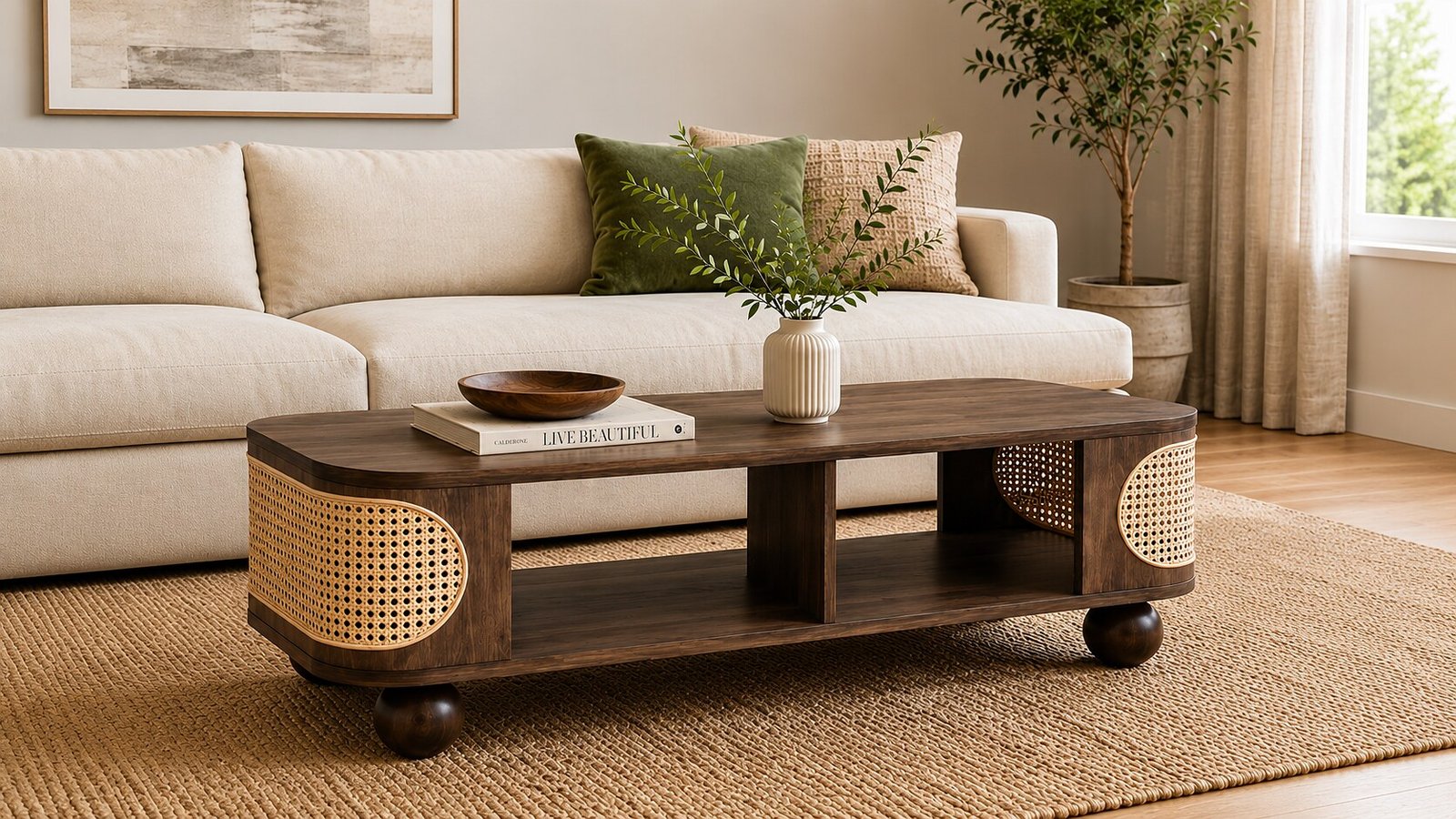 Cane and wood furniture piece in a living room