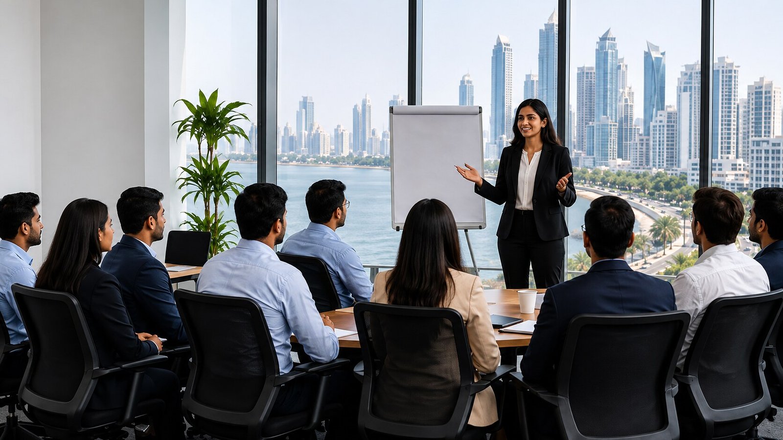 Corporate training session in a city-view boardroom