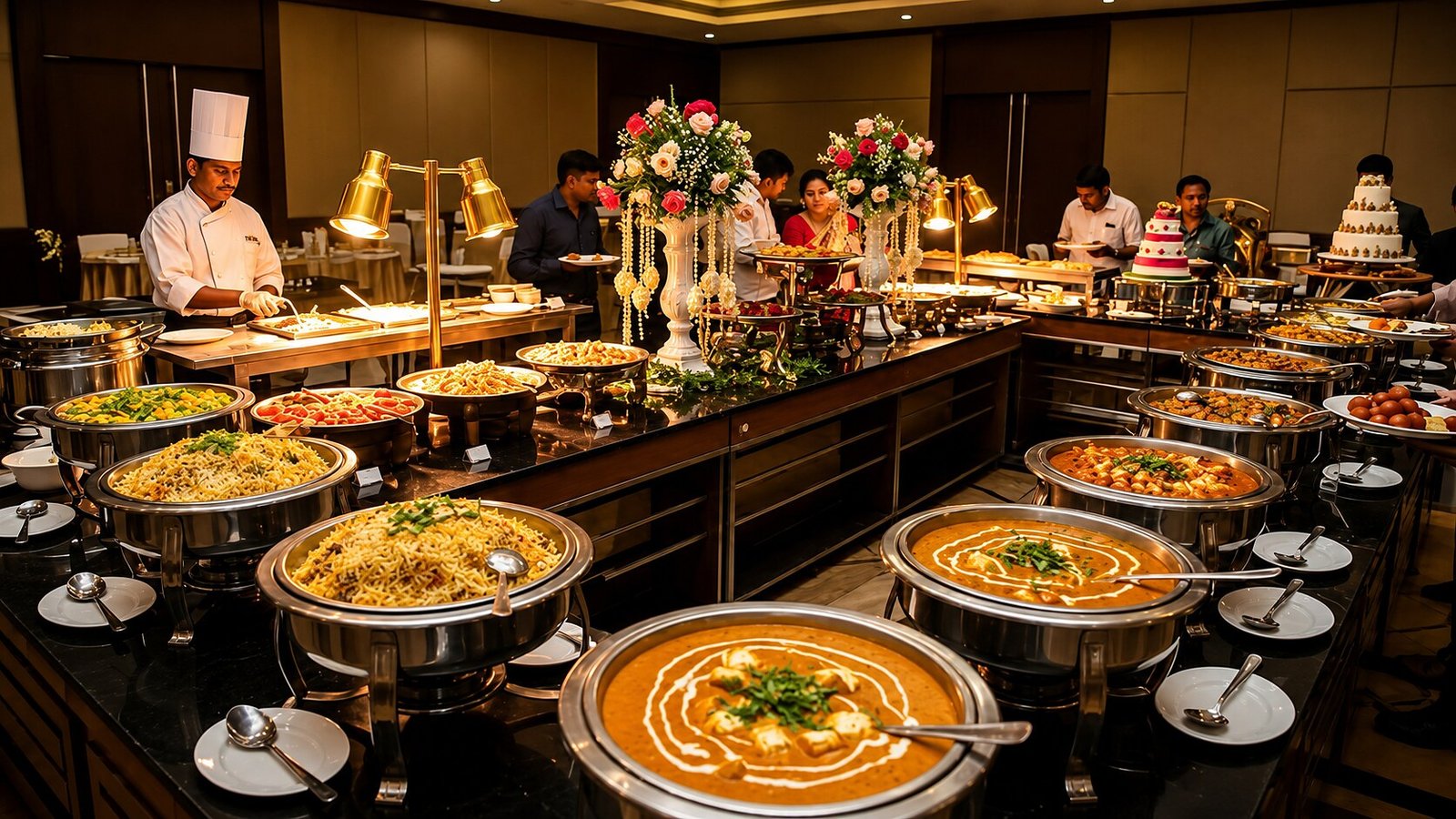 Catering buffet spread set up for a wedding event